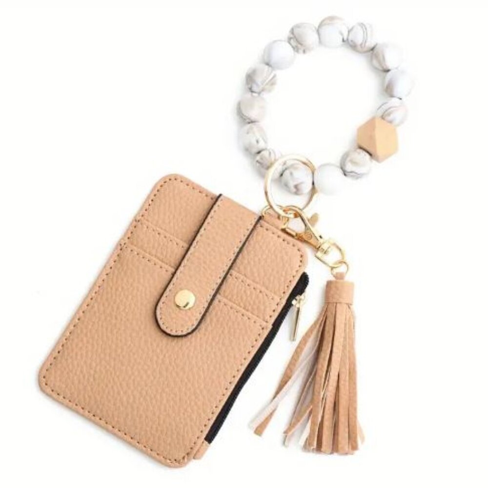 Tan Card Holder w/ Chunky Boho Bracelet & Tassle - NWT